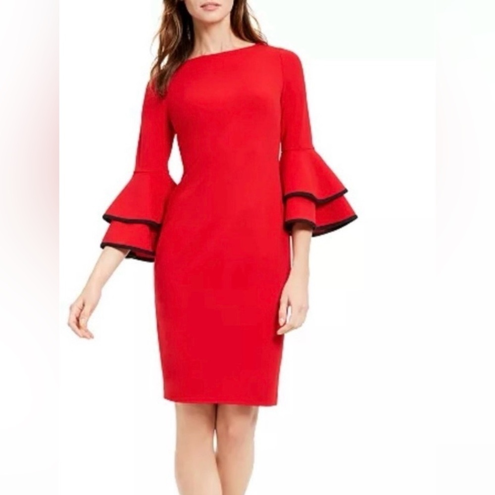Calvin Klein Red Boatneck Bell Sleeve Dress